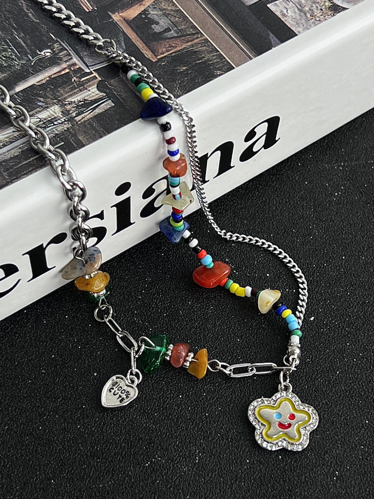 KANSAI colorful beaded smiling face flower stone stitching necklace niche personality design sense sweet cool hot girl accessories