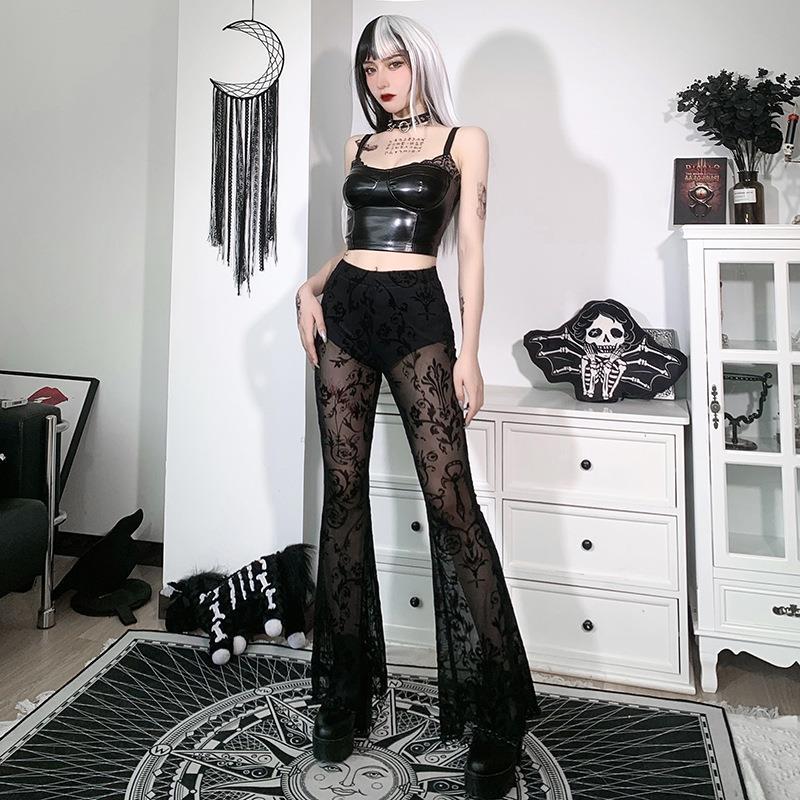 Goth Gothic See-Through Floral Pants Long-Legged Pants