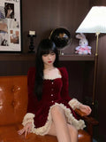 Spot christmas red velvet dress women's autumn winter square neck lace sweet temperament new year princess tutu