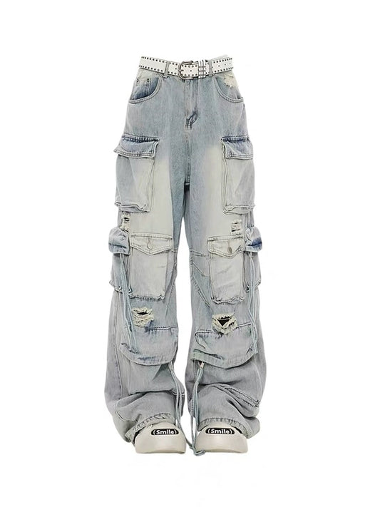 Heavy-Duty Ripped Cargo Style Jeans