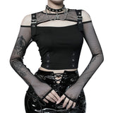 Punk Style Cutout Mesh Long Sleeve Corset Top