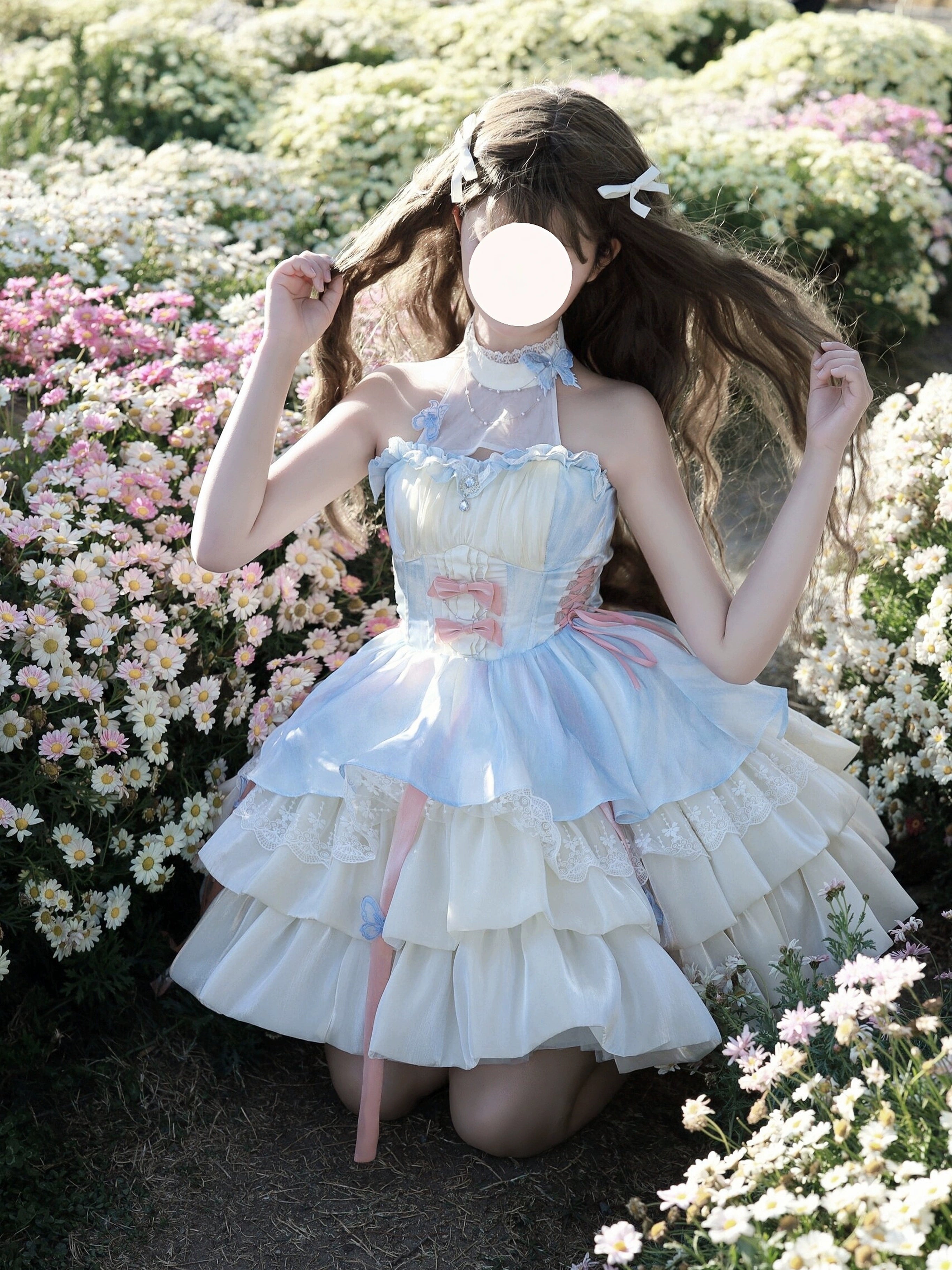 Covenant Kawaii Lolita Fairy Apricot Blue Halterneck Princess Puffy Dress