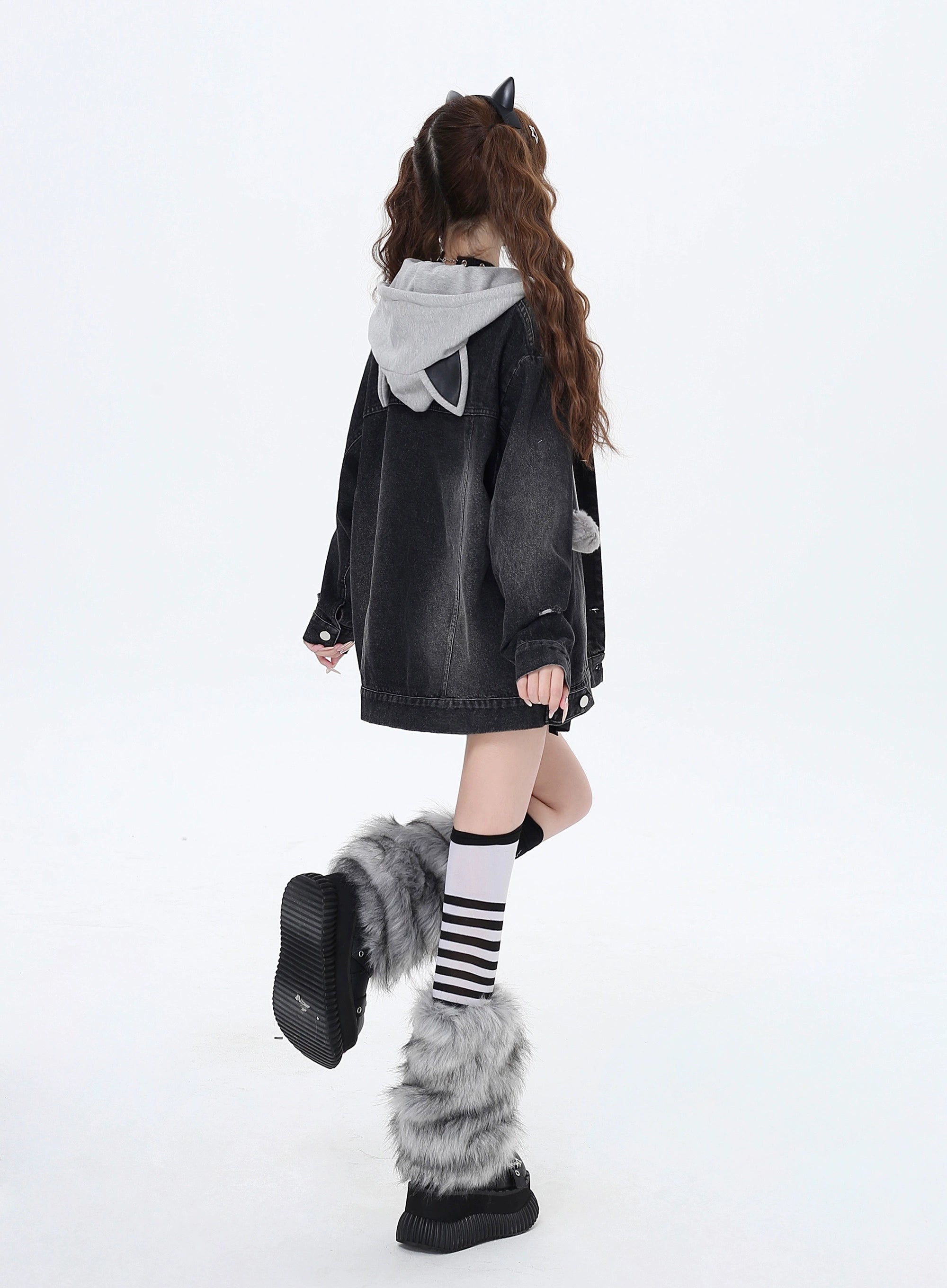 crazygirl [pragmatism] original cat ears sweet cool hooded fake two denim jacket top autumn girl