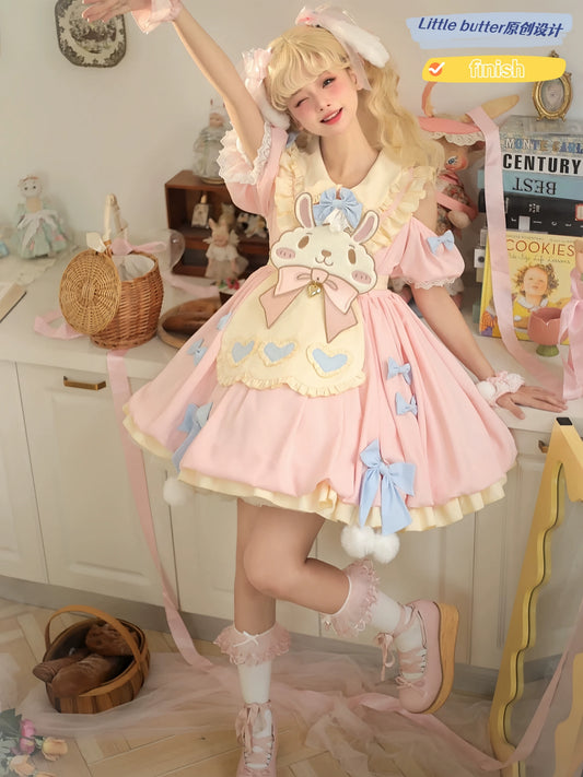 Full Spot Lolita Dress - Pink Rabbit Embroidered Short Sleeve