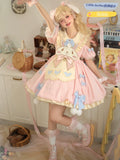 Full Spot Lolita Dress - Pink Rabbit Embroidered Short Sleeve