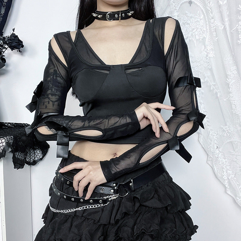 Dark Goth Long Mesh Sleeve Top With Truncated Bow