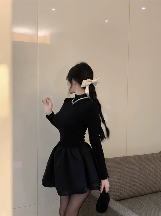 Spot daughter little black dress princess dress women's autumn and winter coat with a half-high neck waist knitted skirt tutu skirt