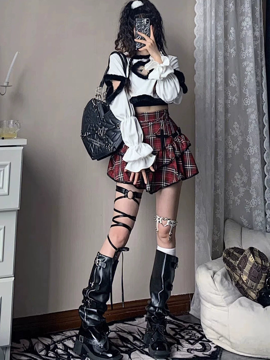 Red Plaid Cross Punk Kawaii Skirt