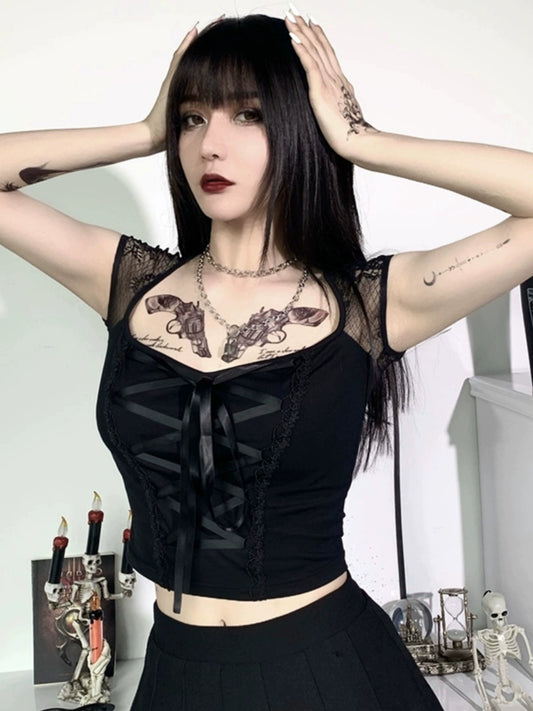 Gothic Dark Black Square Neck Tie Short Sleeve T-shirt Sweet and Spicy Little Top