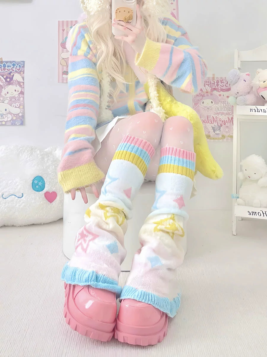 Japanese sweet flared socks dopamine candy color y2k star comic leg soft girl knitted wide leg socks leg cover