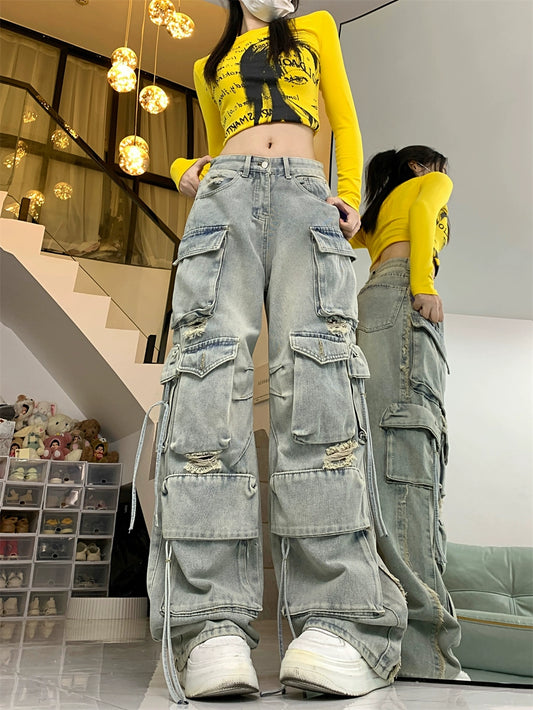 Heavy-Duty Ripped Cargo Style Jeans