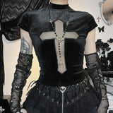 Goth Cross See-Through Short-Sleeved T-shirt Dark Style Slim Top