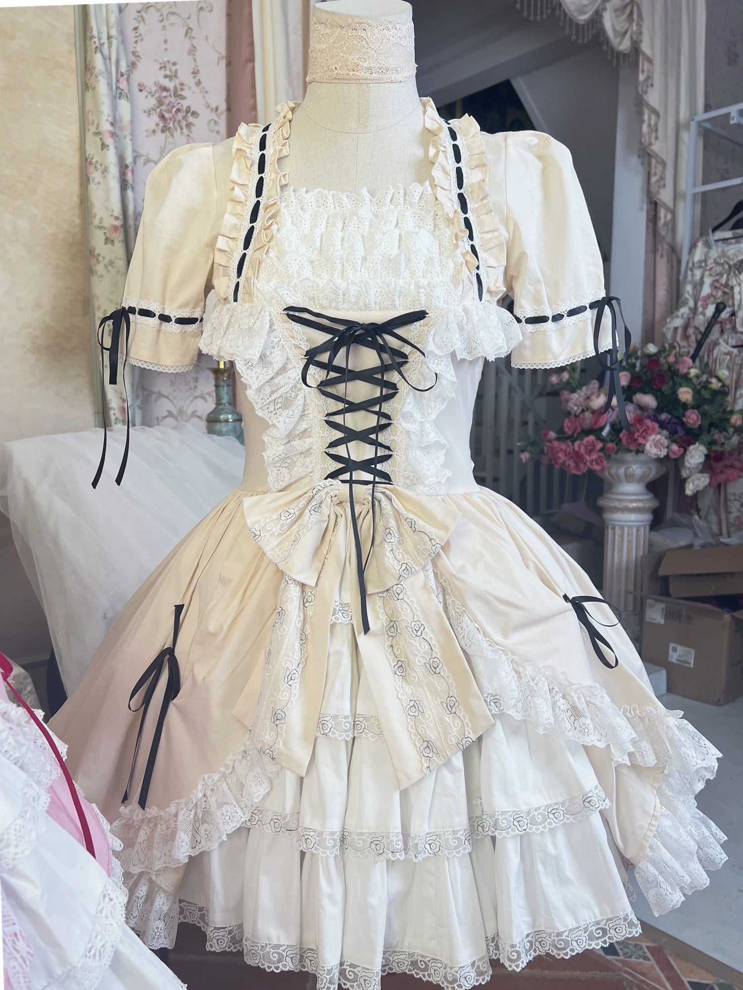 Historical Lace Garden Lolita Medieval Dress - Black & White