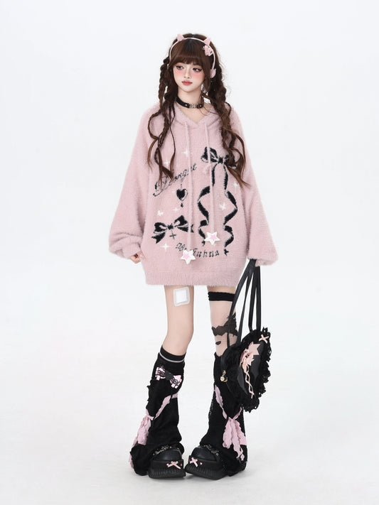 crazygirl's original sweet girl, soft and glutinous bow, lazy style, casual and versatile, hooded sweater, top, autumn and winter women