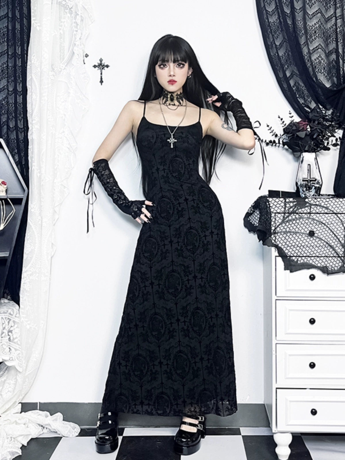 Wannathis Gothic Black Slip Dress: Abi-Waist Maxi Skirt - Subculture Hepburn Style