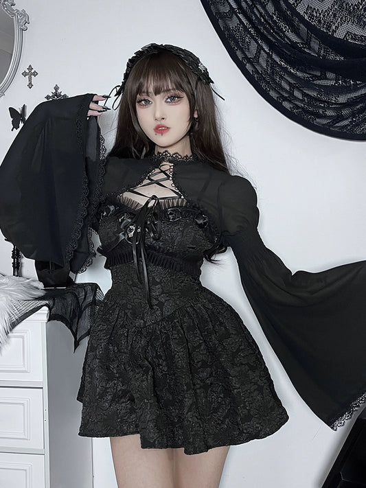 Gothic Lace Lolita Small Shawl Top Sleeves Black Coat - Lolita Overcoat