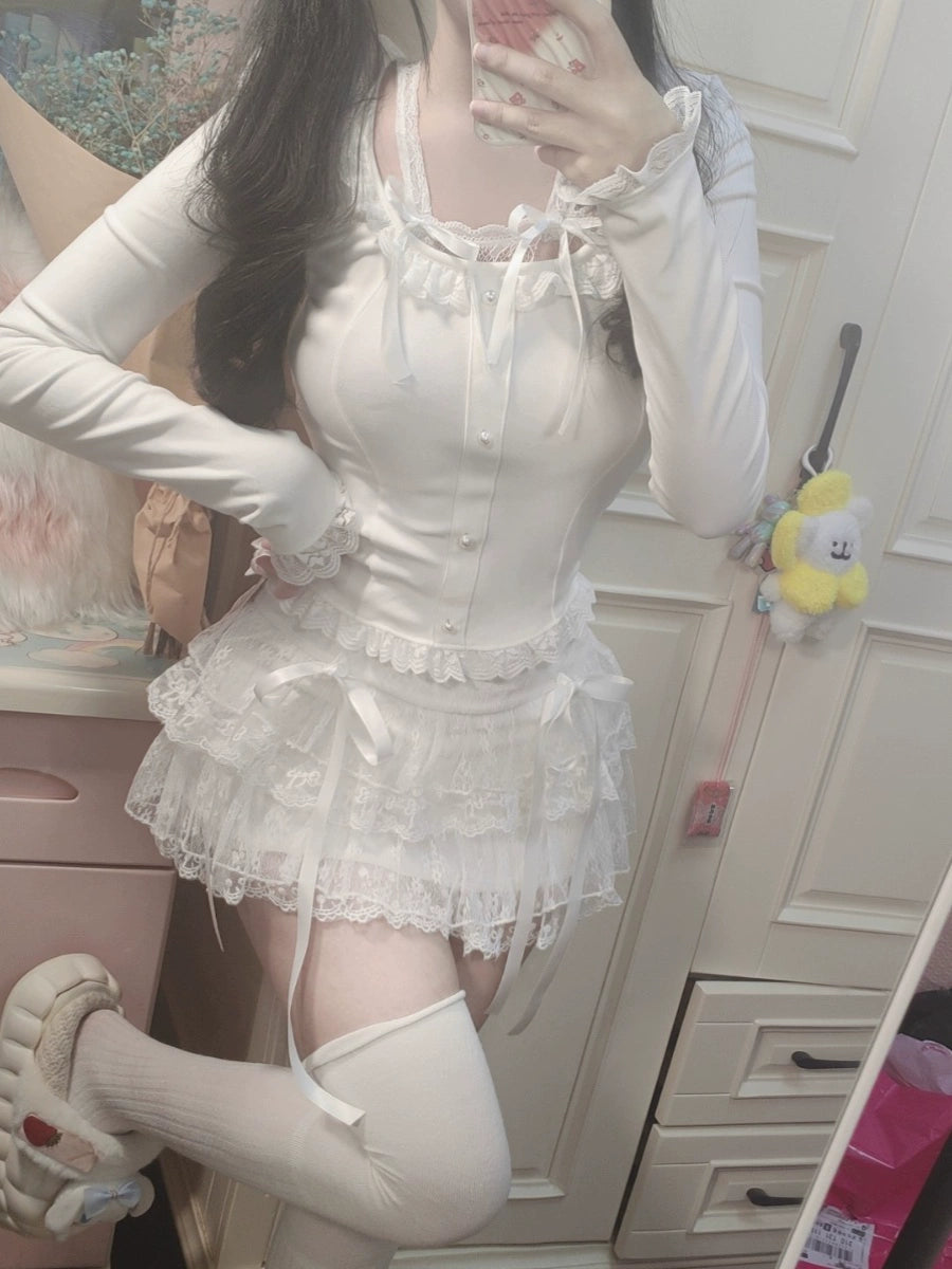 Sweet Cool Girl Lace Kawaii White Puffy Skirt