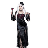 Historical Gothic Lace Stitched Cross Dress Dark Style Sexy Slim Hip Slit Long Dress