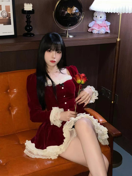 Spot christmas red velvet dress women's autumn winter square neck lace sweet temperament new year princess tutu