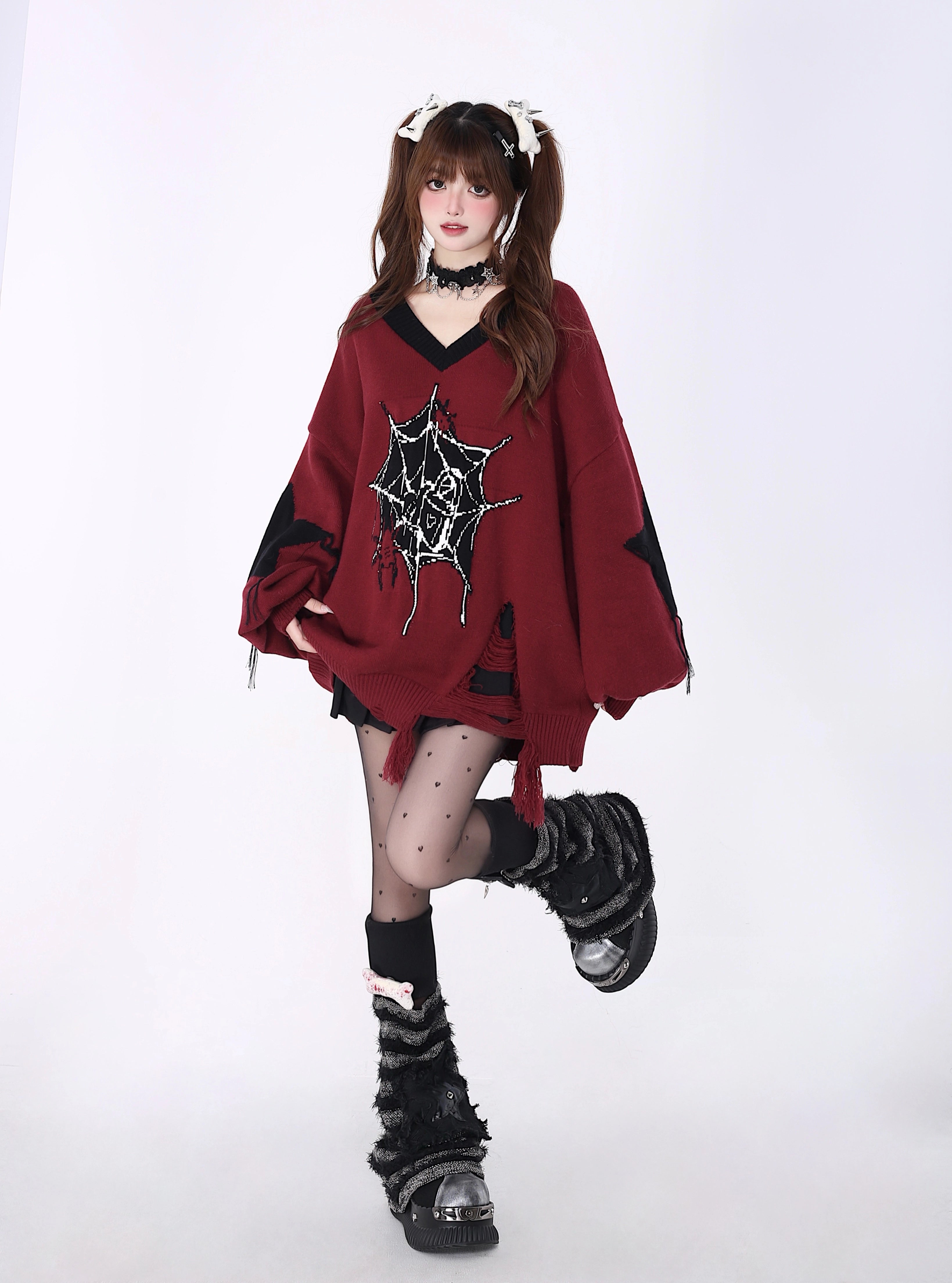 crazygirl [pure love loop 2.0] black and red New Year subculture original V-neck cut-and-sew loose sweater winter