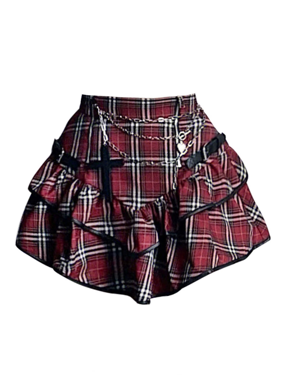 Red Plaid Cross Punk Kawaii Skirt