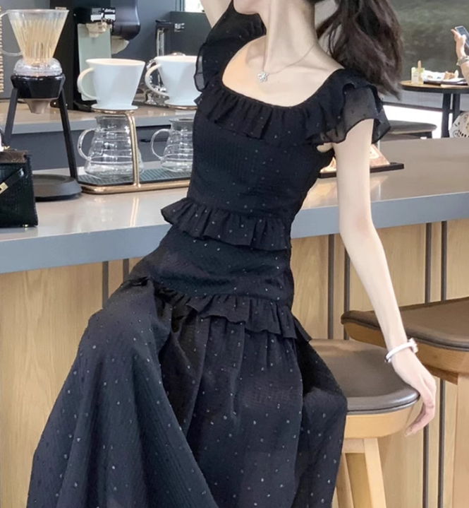 AIYAMIS Black Summer Dress - Slim Ruffle Long Skirt