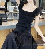 AIYAMIS Black Summer Dress - Slim Ruffle Long Skirt