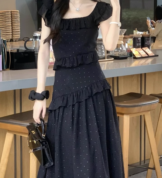 AIYAMIS Black Summer Dress - Slim Ruffle Long Skirt