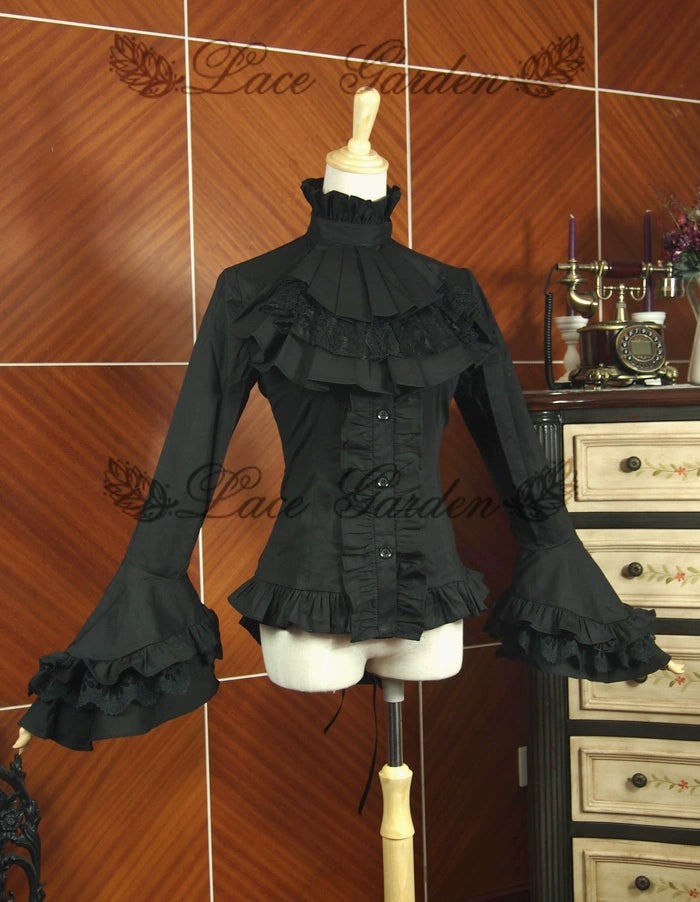 Historical Lace Garden Black Angel Court Gothic Long Sleeve Medieval Lolita Shirt