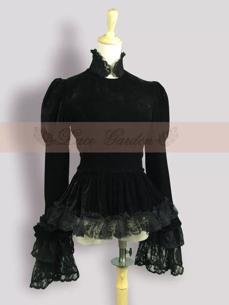 Historical LACE GARDEN Medieval Lolita French Court Black Velvet Sleeve Shawl