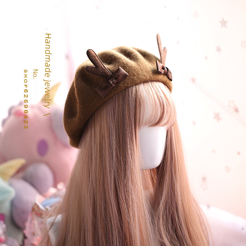 Japanese Soft Girl Antler Beret, Cute Deer Biscuit Design